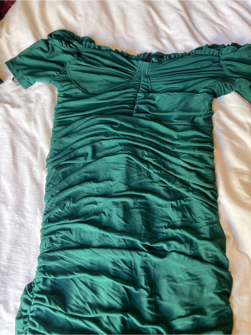 Ruched Off-Shoulder Midi Dress in Emerald Green